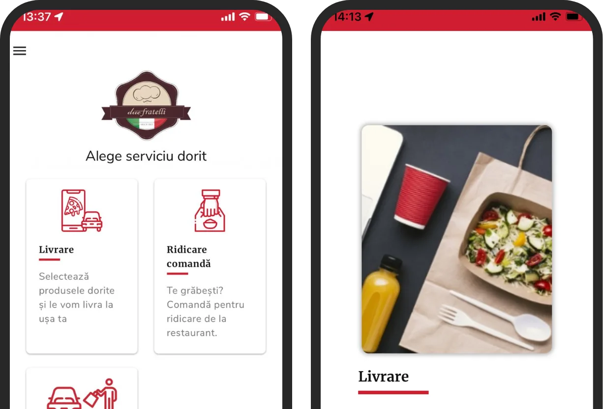 Aplicația mobilă Due Fratelli realizată cu TapTasty