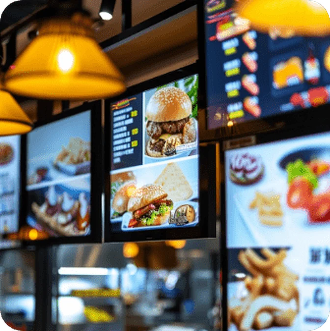 Meniu și promoții afișate pe un ecran digital în restaurant